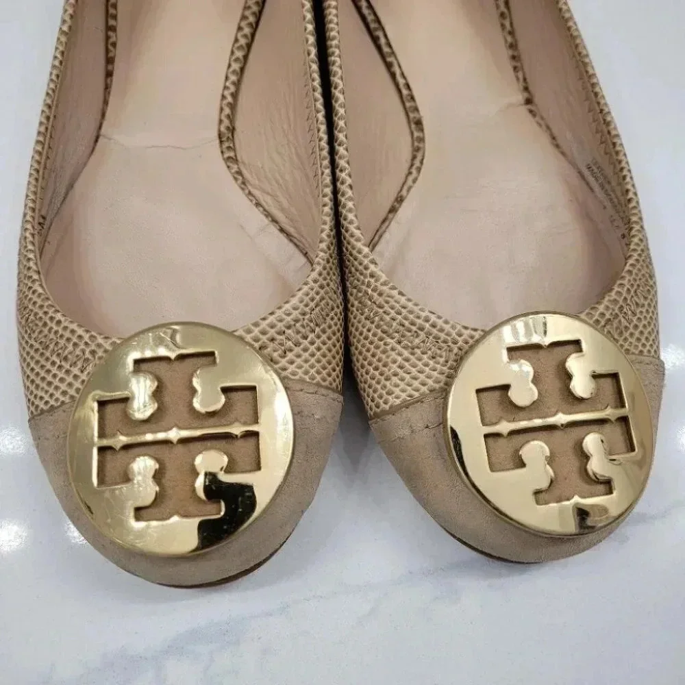 Tory Burch Serena Ballet Flat Vitraux Snake Clay Gold Cap Toe